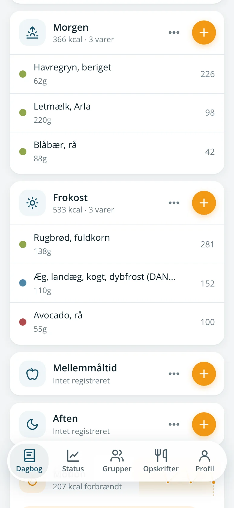 Måltiderne morgen og frokost med fødevarer og kalorier
